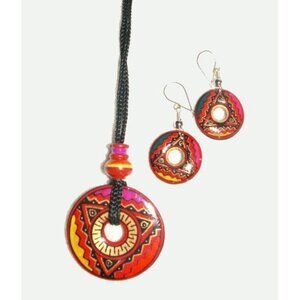 Peruvian Ceramic Earring & Pendant Set - Red Geo - NEW